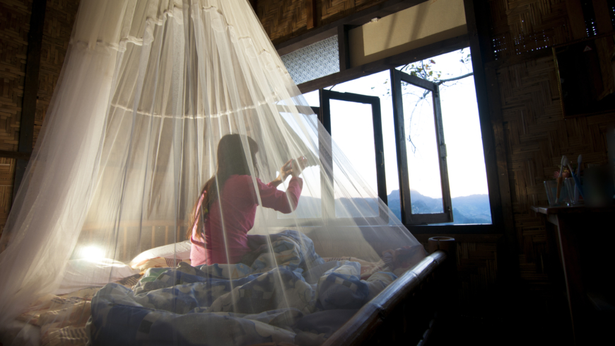 Klimaanlegg på rommet er effektivt mot myggstikk ellers kan du velge å sove under et myggnett.